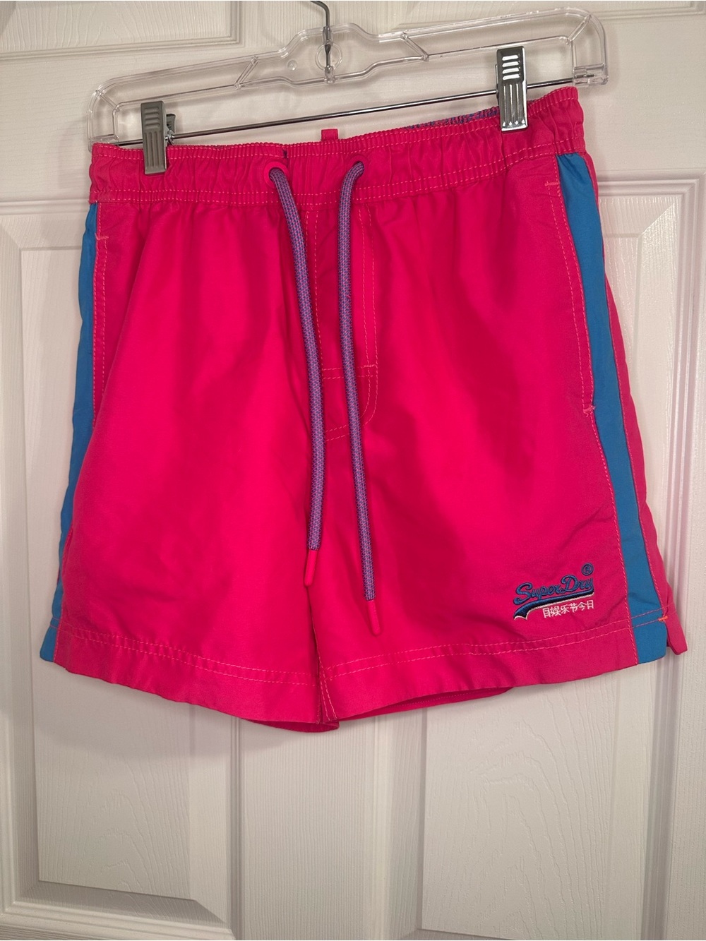 Superdry Neon Pink Swim Shorts with Blue Side Stripes